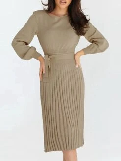 Women‘s Sweater Dress Winter Dress Bodycon Knee Length Dress Black Dark Green Khaki Long Sleeve Pure Color Lace Up Fall Winter Autumn Crew Neck Elegant Winter Dress Fall Dress 2023 S M L XL XXL -Tesla Style azitwz1657786350817