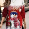 Women's Christmas Casual Dress Sweatshirt Dress Mini Dress Warm Fashion Outdoor Vacation Crew Neck Print Snowman Loose Fit Pink Red Green S M L XL XXL -Tesla Style aznlks1695365421293