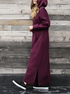 Women's Casual Dress Hoodie Dress Long Dress Maxi Dress Daily Basic Outdoor Vacation Going Out V Neck Pocket Solid Color Regular Fit Black Burgundy Blue S M L XL XXL -Tesla Style azogez1692165486584