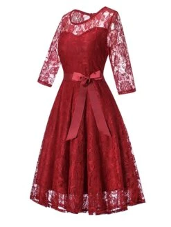 Women's Party Dress Lace Dress Wedding Guest Dress Midi Dress Wine Navy Blue 3/4 Length Sleeve Pure Color Lace Summer Spring Fall Crew Neck Fashion Party Wedding Guest Vacation 2022 S M L XL XXL -Tesla Style azqjsv1631861635984