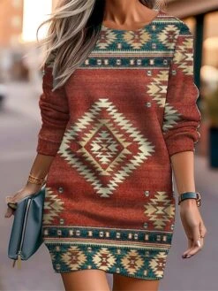 Women's Casual Dress Sweatshirt Dress Mini Dress Warm Fashion Outdoor Vacation Going Out Crew Neck Print Geometric Loose Fit Red Blue Brown S M L XL XXL -Tesla Style azrard1694590965347