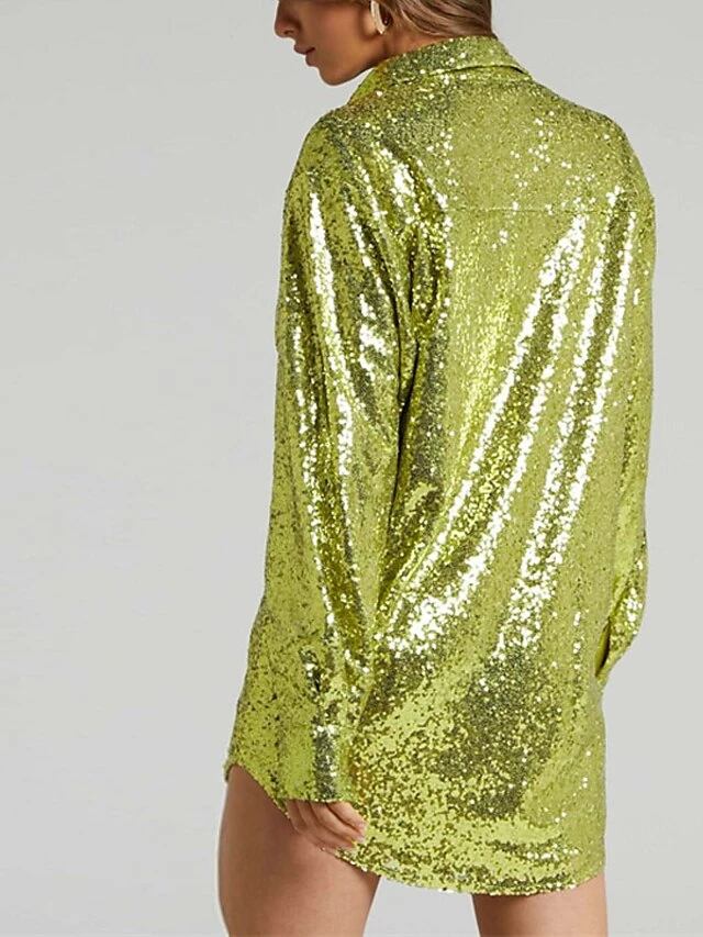 Women's Shirt Dress Party Dress Sequin Dress Mini Dress Light Pink Blue Green Long Sleeve Pure Color Sequins Spring Fall Winter Shirt Collar Fashion Winter Dress Vacation Fall Dress 2023 S M L 5 Women's Shirt Dress Party Dress Sequin Dress Mini Dress Light Pink Blue Green Long Sleeve Pure Color Sequins Spring Fall Winter Shirt Collar Fashion Winter Dress Vacation Fall Dress 2023 S M L - Image 3