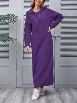Women's Casual Dress Hoodie Dress Long Dress Maxi Dress Daily Basic Outdoor Vacation Going Out V Neck Pocket Solid Color Regular Fit Black Burgundy Blue S M L XL XXL -Tesla Style babqld1692165480637