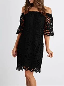 Women's Party Dress Cut Out Dress Cocktail Dress Midi Dress Black White Red Half Sleeve Pure Color Ruched Fall Winter Autumn Off Shoulder Fashion Winter Dress Wedding Guest Birthday 2023 S M L XL -Tesla Style bagaiy1696490236705