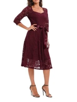 Women's Party Dress Lace Dress Vintage Dress Midi Dress Black Wine Navy Blue 3/4 Length Sleeve Pure Color Lace Summer Spring Fall Square Neck Fashion Wedding Guest Birthday Vacation 2023 S M L XL XXL -Tesla Style bayqrl1671444174661