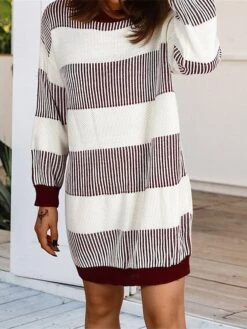 Women's Sweater Dress Winter Dress Jumper Dress Mini Dress Patchwork Outdoor Street Daily Fashion Streetwear Crew Neck Long Sleeve 2023 Loose Fit Wine Khaki Dark Blue Color S M L Size -Tesla Style bbyghh1692095290313