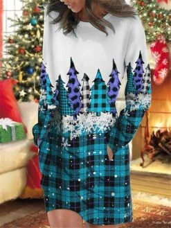 Women's Christmas Casual Dress Sweatshirt Dress Mini Dress Warm Fashion OutdoorHoliday Crew Neck Pocket PrintTree Snowflake Loose Fit Burgundy Blue Green S M L XL XXL -Tesla Style bcpajd1695644570710