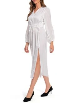 Women's Work Dress Satin Dress White Dress Fashion Midi Dress Drawstring Split V Neck Long Sleeve Plain Loose Fit White Fall Winter S M L XL XXL -Tesla Style bcsqoy1693467426839