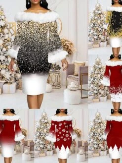 Women's Christmas Work Dress Sheath Dress Midi Dress Wine Light Red Red White Long Sleeve Color Gradient Snowflake Backless Print Winter Fall Off Shoulder Elegant Modern 2022 S M L XL