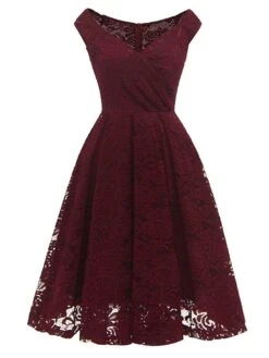 Women‘s Semi Formal Party Dress Homecoming Dress Lace Dress A Line Dress Knee Length Dress Pink Wine Khaki Sleeveless Pure Color Lace Winter Fall Off Shoulder Wedding Guest 2023 S M L XL XXL -Tesla Style bdczcu1660213494994