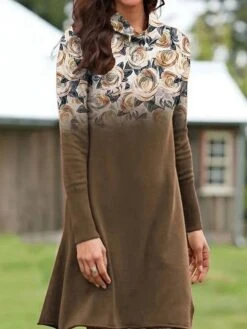 Women's Casual Dress Hoodie Dress Winter Dress Floral Print Hooded Mini Dress Elegant Ethnic Home Street Long Sleeve Regular Fit Brown Fall Winter S M L XL XXL