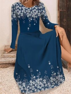 Women's Work Dress Casual Dress Swing Dress Fashion Winter Dress Daily Midi Dress Print Crew Neck Long Sleeve Floral Regular Fit Black Blue Brown Fall Winter S M L XL XXL