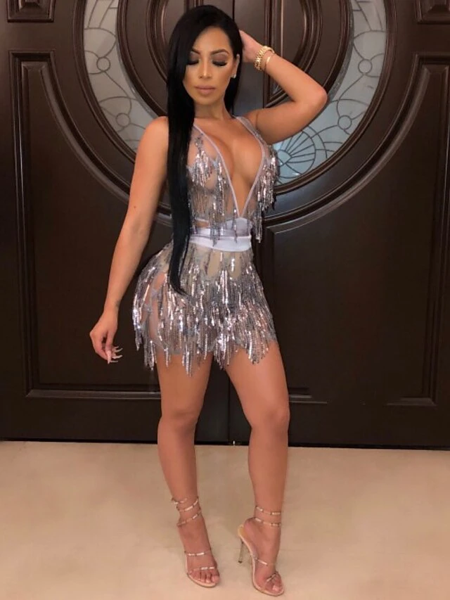 Women's Fringe Dress Sequin Dress Holiday Dress Mini Dress Silver Black Wine Sleeveless Pure Color Sequins Summer Spring Deep V Hot Party Summer Dress 2023 S M L XL 5 Women's Fringe Dress Sequin Dress Holiday Dress Mini Dress Silver Black Wine Sleeveless Pure Color Sequins Summer Spring Deep V Hot Party Summer Dress 2023 S M L XL - Image 3