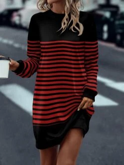 Women's Casual Dress Sweatshirt Dress Shift Dress Stripe Print Crew Neck Mini Dress Fashion Streetwear Outdoor Daily Long Sleeve Loose Fit Black Red Blue Fall Winter S M L XL XXL -Tesla Style bdtnuu1694423061853