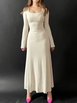 Women's Sweater Dress Jumper Dress Casual Dress Long Dress Maxi Dress Fashion Pure Color Outdoor Daily Vacation Going Out Square Neck Long Sleeve Patchwork 2023 Regular Fit Black Apricot Gray S M L -Tesla Style bdtory1695643842296