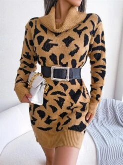 Women's Sweater Dress Jumper Dress Casual Dress Mini Dress Fashion Leopard Outdoor Daily Going Out Turtleneck Long Sleeve 2023 Loose Fit Black Wine Khaki S M L -Tesla Style bdvlqa1694756285694