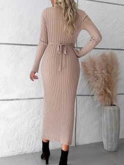 Women's Sweater Dress Winter Dress Jumper Dress Midi Dress Ribbed Outdoor Work Street Fashion Modern V Neck Long Sleeve 2023 Slim Black White Wine Color S M L XL Size -Tesla Style beixsd1694602905819
