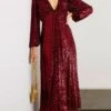 Women's Prom Dress Party Dress Sequin Dress Midi Dress Wine Long Sleeve Pure Color Ruched Fall Winter Autumn V Neck Fashion Evening Party Vacation Slim 2023 S M L XL -Tesla Style bfepgk1695030103838
