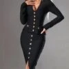Women's Work Dress Sheath Dress Black Dress Fashion Midi Dress Button Split V Neck Long Sleeve Plain Regular Fit Black Summer Spring S M L XL -Tesla Style bfiqcp1688449063098
