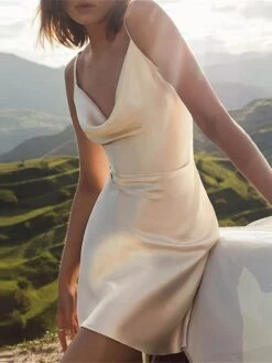 Women's Party Dress Satin Dress Semi Formal Dress Mini Dress Beige Light Blue Sleeveless Pure Color Backless Summer Spring Spaghetti Strap Party Vacation Summer Dress Spring Dress 2023 S M L XL -Tesla Style bfixea1676452338795