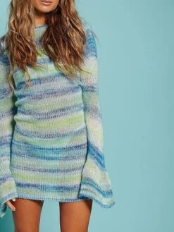 Women‘s Sweater Dress Winter Dress Open Back Knitted Striped Stylish Sexy Soft Long Sleeve Sweater Cardigans Crew Neck Spring Summer Light Blue -Tesla Style bfpyhj1643015415436