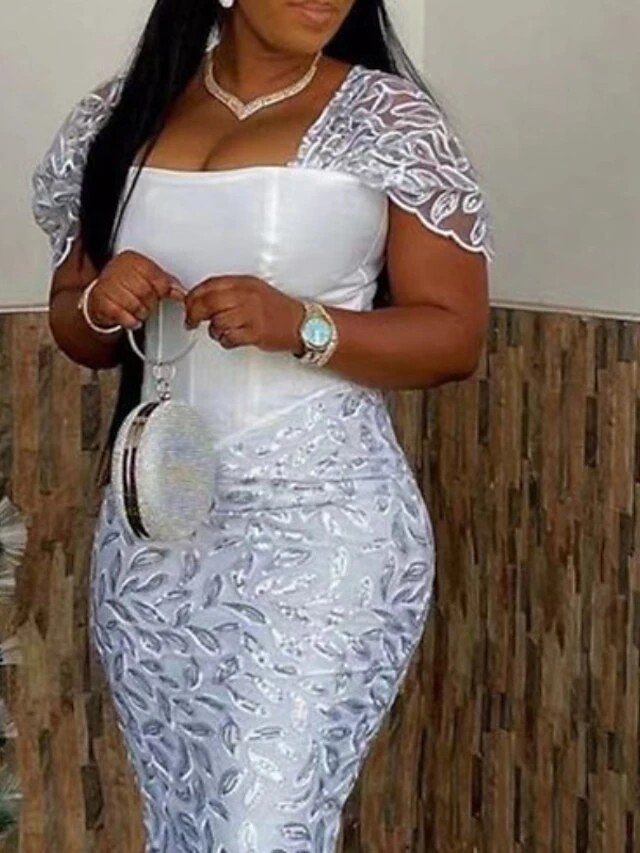 Women‘s Party Dress Wedding Guest Lace Dress Sheath Dress Midi Dress White Short Sleeve Pure Color Lace Spring Summer Square Neck Modern Weekend 2022 S M L XL XXL 3XL 5 Women‘s Party Dress Wedding Guest Lace Dress Sheath Dress Midi Dress White Short Sleeve Pure Color Lace Spring Summer Square Neck Modern Weekend 2022 S M L XL XXL 3XL - Image 3