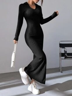 Women's Sweater Dress Winter Dress Jumper Dress Long Dress Maxi Dress Split Daily Date Going Out Active Fashion V Neck Long Sleeve 2023 Slim Black Brown Color S M L Size -Tesla Style bgkgef1693559542198