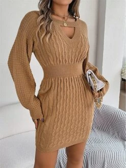 Women's Sweater Dress Winter Dress Jumper Dress Mini Dress Active Pure Color Outdoor Casual Holiday Vacation Crew Neck Long Sleeve Cut Out 2023 Loose Fit Wine Khaki Gray S M L -Tesla Style bgntol1697526800233