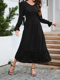 Women's Work Dress Swing Dress Black Dress Fashion Midi Dress Ruched V Neck Long Sleeve Plain Loose Fit Black Red Blue Fall Winter S M L XL XXL -Tesla Style bhhqvz1693300589090