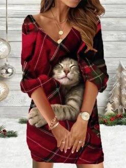 Women's Christmas Sweatshirt Dress Shift Dress Mini Dress Wine 3/4 Length Sleeve Animal Plaid Cat Print Winter Fall V Neck Vacation Casual 2022 S M L XL XXL 3XL