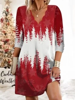 Women's Christmas Work Dress Casual Dress Fashion Winter DressDaily Mini Dress Print V Neck Long Sleeve SnowmanTree Regular Fit White Wine Green Fall Winter S M L XL XXL