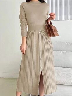 Women's Sweater Dress Winter Dress Jumper Dress Midi Dress Pleated Button Daily Date Going Out Fashion Basic Crew Neck Long Sleeve 2023 Slim Black Brown Green Color S M L XL Size -Tesla Style bhtlig1692687925763