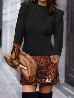 Women's Sweater Dress Jumper Dress Casual Dress Mini Dress Warm Geometric Plaid Tribal Outdoor Daily Vacation Going Out Crew Neck Long Sleeve 2023 Regular Fit Black Yellow Blue S M L XL XXL 3XL -Tesla Style biaafg1693978826752