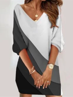Women's Casual Dress Sweatshirt Dress Summer Dress Geometric Color Block Print V Neck Mini Dress Fashion Streetwear Outdoor Daily 3/4 Length Sleeve Loose Fit Black And White White Dark Gray Summer -Tesla Style biejrs1689330499514