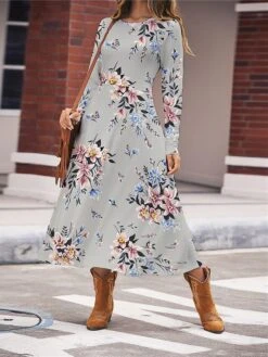 Women's Work Dress Casual Dress Swing Dress Fashion Winter Dress Daily Midi Dress Print Crew Neck Long Sleeve Floral Regular Fit White Red Blue Fall Winter S M L XL XXL -Tesla Style bilwcp1696645468380