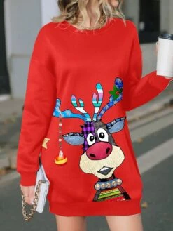 Women's Casual Dress Christmas Dress Sweatshirt Dress Deer Print Crew Neck Mini Dress Fashion Streetwear Outdoor Christmas Long Sleeve Loose Fit Wine Fall Winter S M L XL XXL