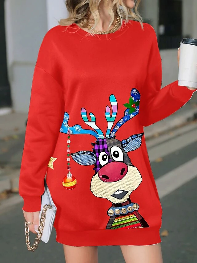 Women's Casual Dress Christmas Dress Sweatshirt Dress Deer Print Crew Neck Mini Dress Fashion Streetwear Outdoor Christmas Long Sleeve Loose Fit Wine Fall Winter S M L XL XXL 3 Women's Casual Dress Christmas Dress Sweatshirt Dress Deer Print Crew Neck Mini Dress Fashion Streetwear Outdoor Christmas Long Sleeve Loose Fit Wine Fall Winter S M L XL XXL
