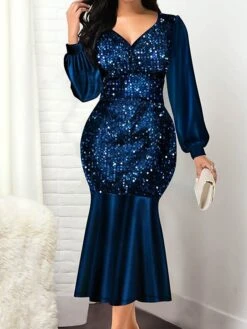 Women‘s Cocktail Party Dress Wedding Guest Dress Sequin Dress Midi Dress Black Wine Blue Long Sleeve Pure Color Sequins Fall V Neck Elegant Winter Dress Fall Dress 2023 S M L XL XXL 3XL 4XL 5XL -Tesla Style bjjnyp1630401662137