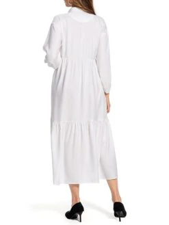 Women's Work Dress Satin Dress Swing Dress Fashion Midi Dress Ruffle Button Shirt Collar Long Sleeve Plain Loose Fit White Fall Winter S M L XL XXL -Tesla Style bkdbmw1693466147809