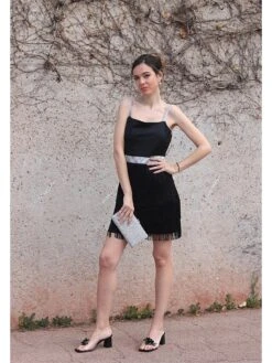 Women‘s Cocktail Party Dress Homecoming Dress Wedding Guest Dress Fringe Dress Mini Dress Black Sleeveless Pure Color Tassel Fringe Spring Summer Spaghetti Strap Hot Date 2023 S M L XL -Tesla Style bkefsq1693289229261