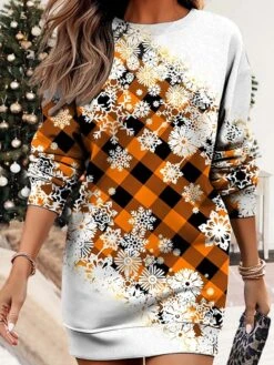 Women's Christmas Casual Dress Sweatshirt Dress Mini Dress Warm Fashion Outdoor Vacation Crew Neck Print Geometric Print Loose Fit Red Blue Purple S M L XL XXL -Tesla Style bklwck1695371445058