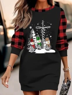 Women's Christmas Casual Dress Sweatshirt Dress Mini Dress Warm Fashion Outdoor Vacation Crew Neck Print Snowman Hat Loose Fit Black White Wine S M L XL XXL -Tesla Style bkpris1695371442852