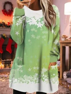 Women's Christmas Sweatshirt Dress Winter Dress Mini Dress Green Blue Orange Light Blue Long Sleeve Color Gradient Pocket Print Winter Fall Crew Neck Casual Loose Fit 2022 S M L XL XXL 3XL -Tesla Style blaprf1666684247475