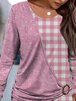 Women's Casual Dress Sweatshirt Dress Winter Dress Geometric Plaid Patchwork Print Crew Neck Mini Dress Fashion Streetwear Outdoor Daily Long Sleeve Loose Fit Pink Khaki Fall Winter S M L XL XXL -Tesla Style bleeov1695372525515