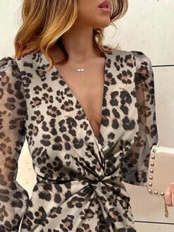 Women's Normal Satin Dress A Line Dress Mini Dress Leopard Safflower On White Yellow Flower On Black Long Sleeve Leopard Ruched Summer Spring V Neck Ethnic Style Winter Dress Fall Dress 2023 S M L XL -Tesla Style blgtkl1625548209519
