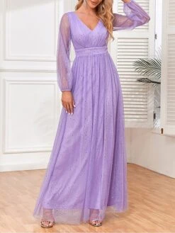 Women‘s Prom Dress Party Dress Sequin Dress Long Dress Maxi Dress Purple Long Sleeve Pure Color Sparkly Glitter Sequins Fall Winter Autumn V Neck Fashion Wedding Guest Birthday Evening Party -Tesla Style bllmai1693535465642
