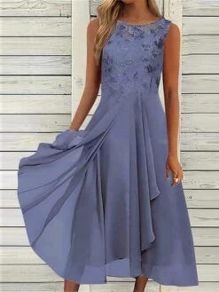 Women's Party Dress Lace Dress Wedding Guest Dress Midi Dress Blue Green Dark Blue Sleeveless Pure Color Lace Summer Spring Fall Crew Neck Fashion Wedding Guest Vacation Summer Dress Loose Fit 2023 S -Tesla Style blmsil1682565521375