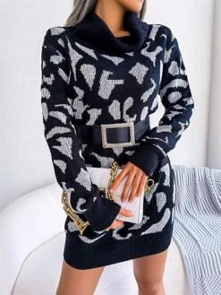 Women's Sweater Dress Jumper Dress Casual Dress Mini Dress Fashion Leopard Outdoor Daily Going Out Turtleneck Long Sleeve 2023 Loose Fit Black Wine Khaki S M L -Tesla Style blqcla1694756298540