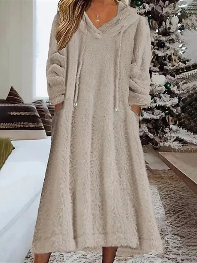 Women's Casual Dress Hoodie Dress Midi Dress Daily Basic Outdoor Vacation Going Out V Neck Pocket Solid Color Loose Fit Black White Green S M L XL XXL 6 Women's Casual Dress Hoodie Dress Midi Dress Daily Basic Outdoor Vacation Going Out V Neck Pocket Solid Color Loose Fit Black White Green S M L XL XXL - Image 4