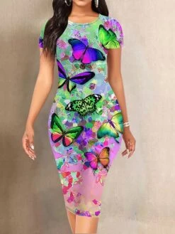 Women's Work Dress Sheath Dress Semi Formal Dress Fashion Midi Dress Print Crew Neck Short Sleeve Butterfly Slim Red Blue Purple Summer Spring S M L XL XXL -Tesla Style bmijvl1681882597457